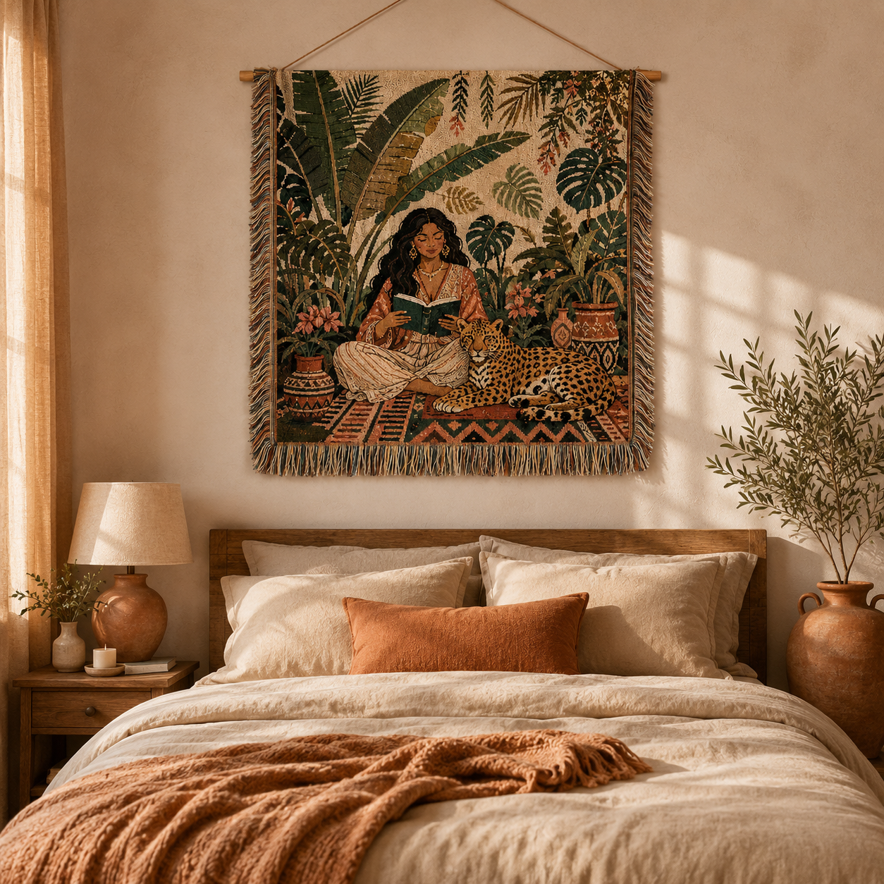 Boho jungle reader woven tapestry hanging above a warm neutral bed with terracotta accents
