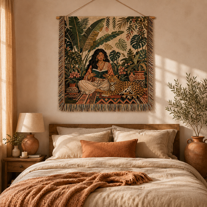 Boho jungle reader woven tapestry hanging above a warm neutral bed with terracotta accents