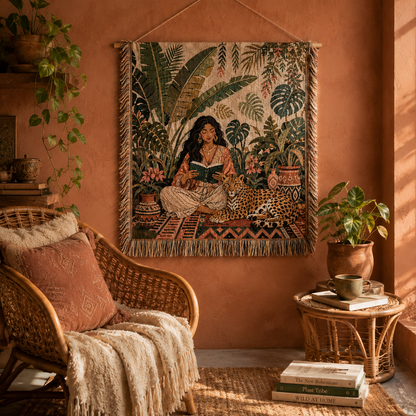 Boho jungle reader woven tapestry styled in a warm terracotta reading nook with rattan furniture