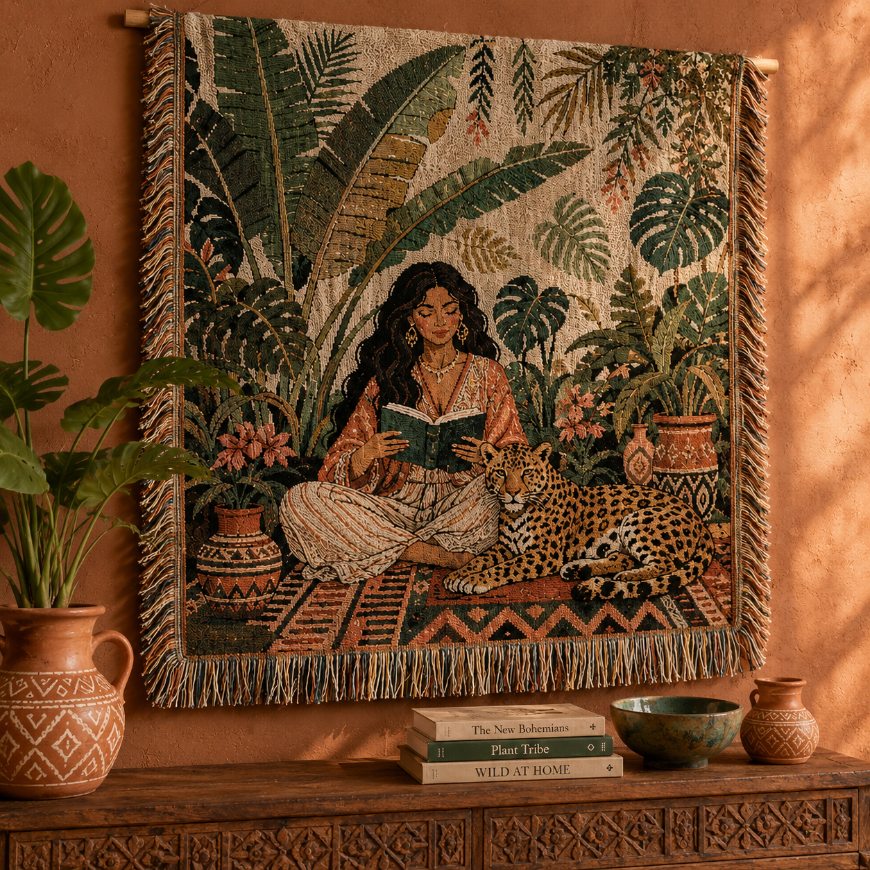 Close lifestyle view of boho jungle reader woven tapestry showing woven texture fringe and tropical artwork above a carved console
