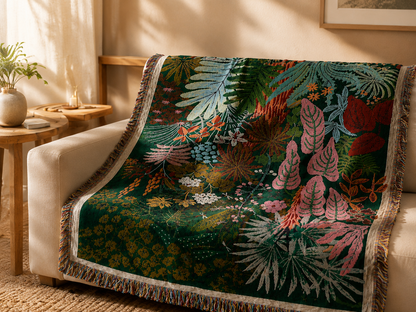 Tropical leaf woven blanket draped on a cozy sofa
