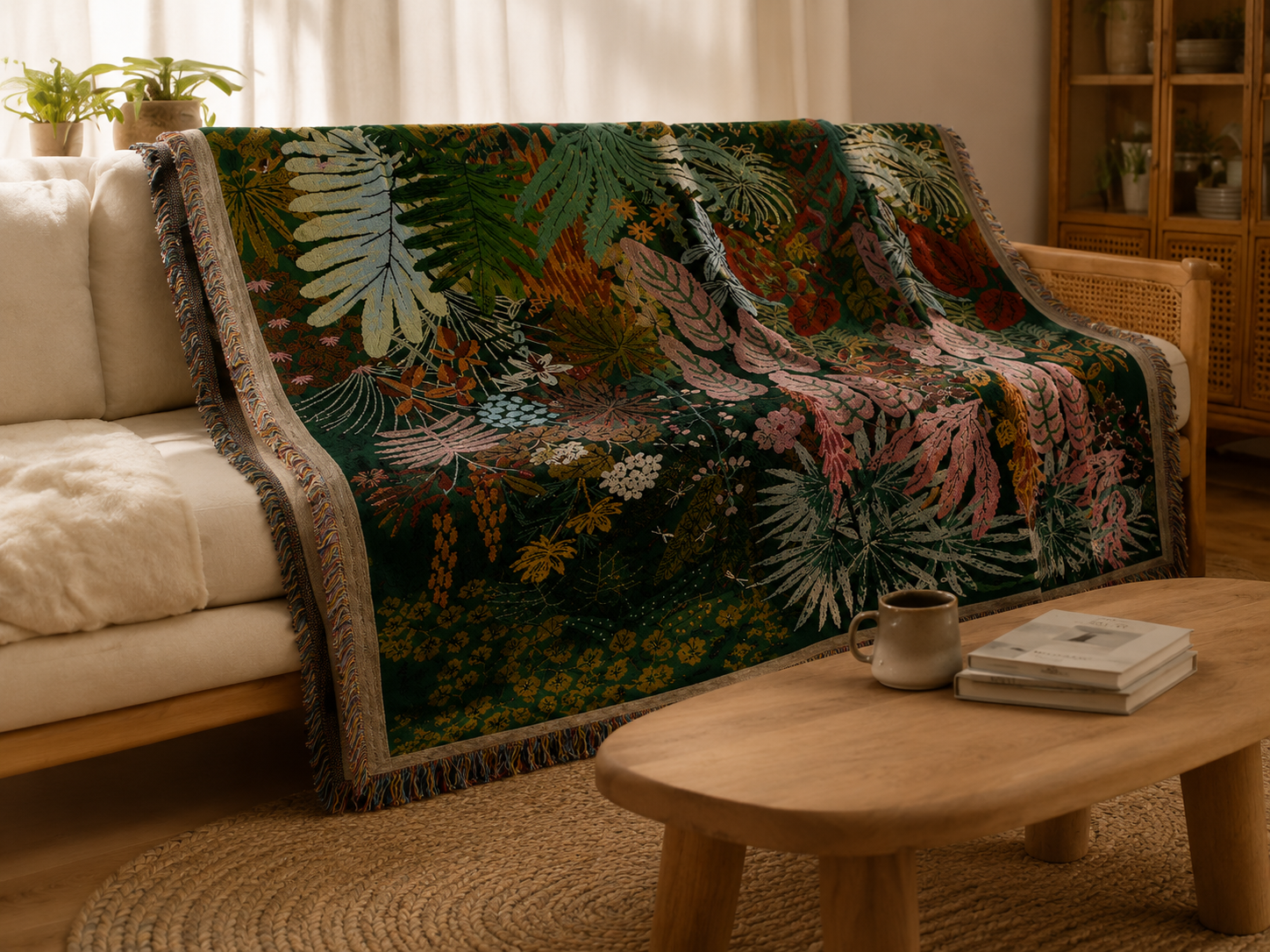 Botanical woven throw blanket styled in a cozy living room