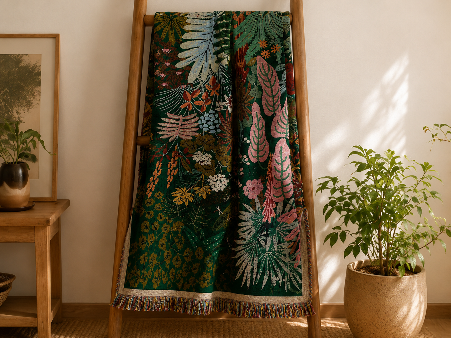 Tropical leaf woven blanket displayed on a blanket ladder