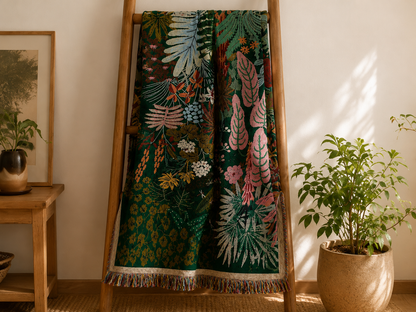 Tropical leaf woven blanket displayed on a blanket ladder