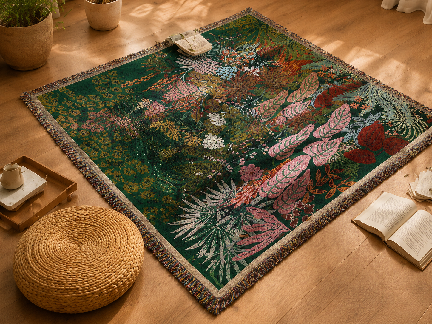 Botanical woven blanket flat lay on a warm wood floor