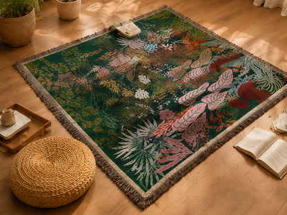 Botanical woven blanket flat lay on a warm wood floor