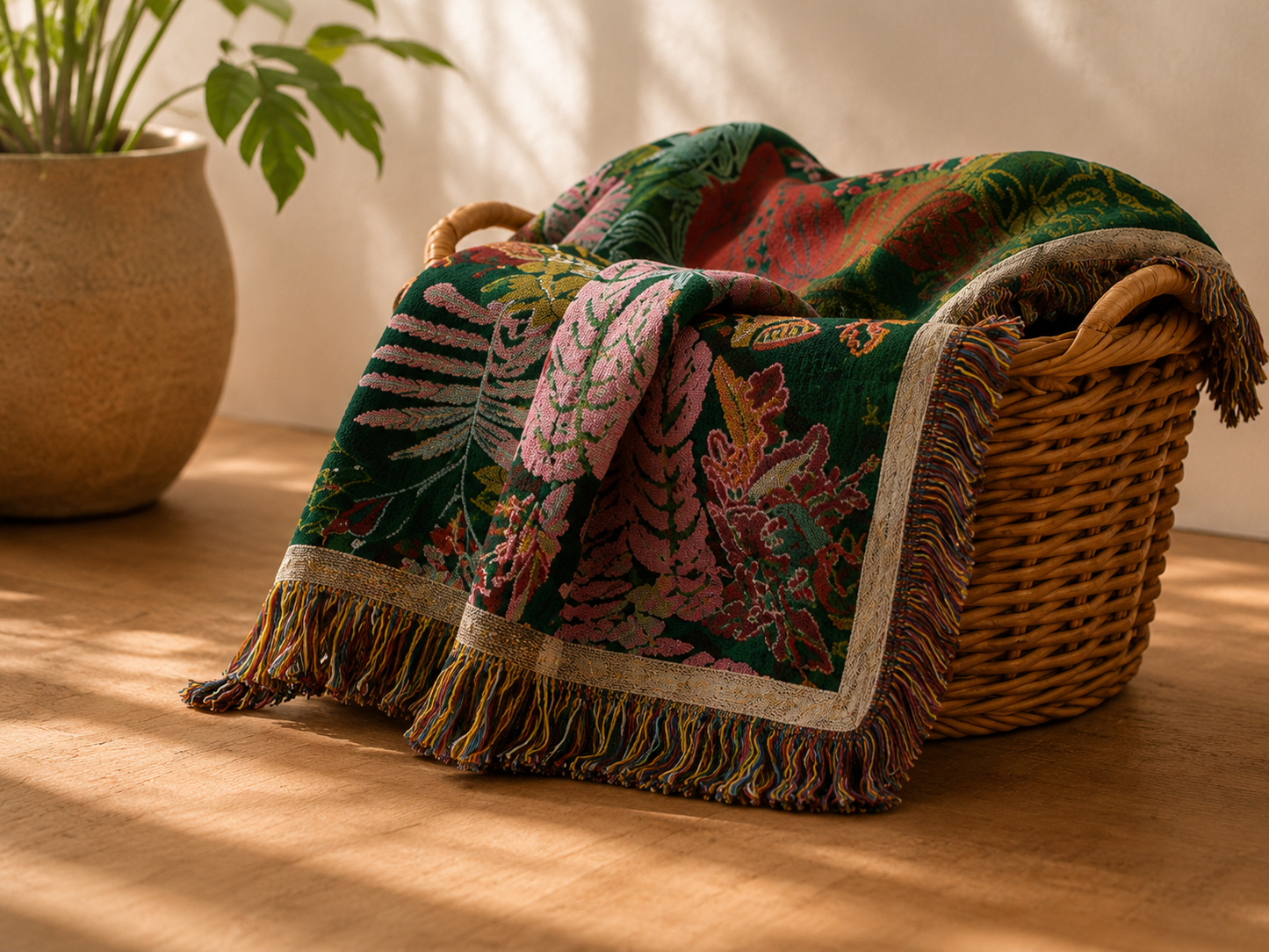 Botanical woven blanket folded in a wicker basket