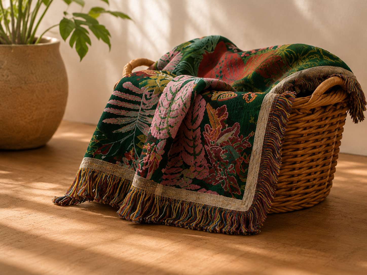 Botanical woven blanket folded in a wicker basket