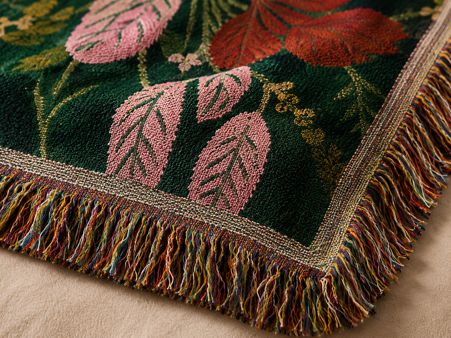 Close-up of botanical woven blanket texture and fringe