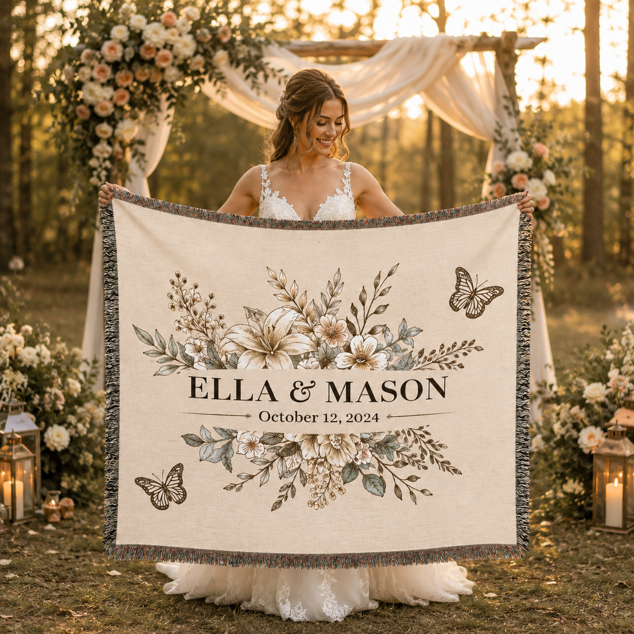 Bride holding a personalized woven wedding blanket at golden hour