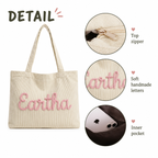 Personalized Corduroy Tote Bag, Custom Name Tote Bag with Crochet Flower, Gift for Mom