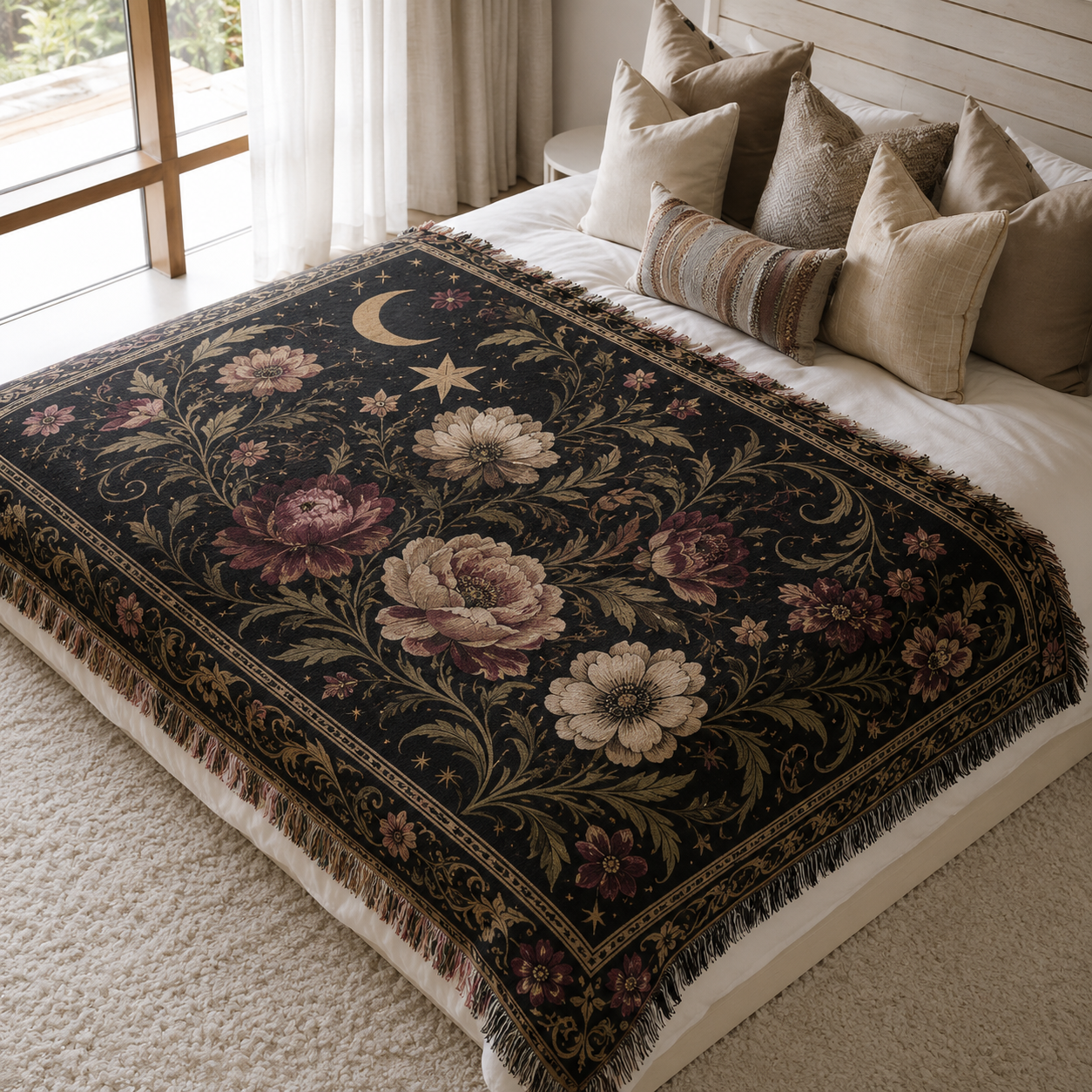 Celestial botanical woven blanket with moon stars and vintage floral tapestry design displayed on a neutral bed