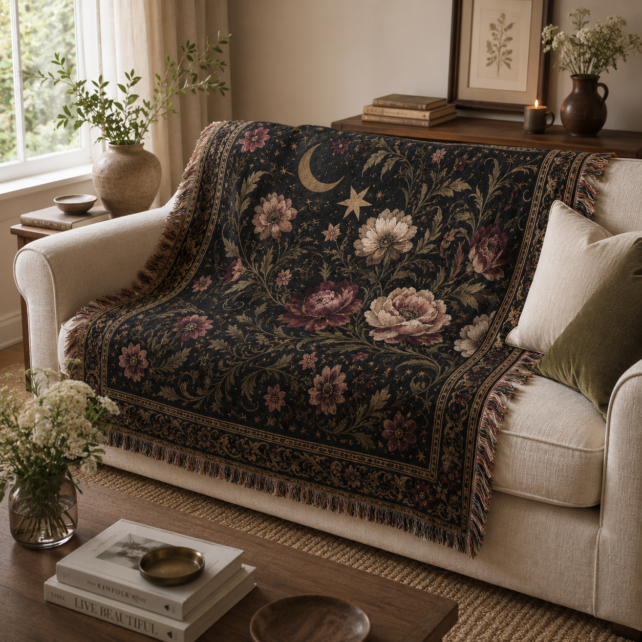 Dark celestial floral woven blanket draped over a cream sofa in a warm elegant living room
