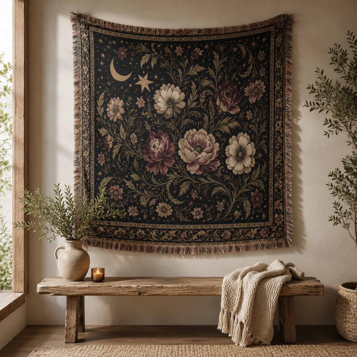 Celestial botanical woven blanket displayed as wall tapestry above a rustic wooden bench