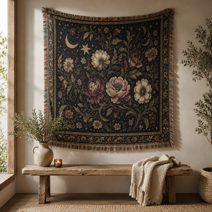 Celestial botanical woven blanket displayed as wall tapestry above a rustic wooden bench