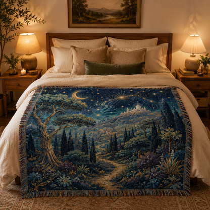 Celestial fantasy woven blanket on a bed