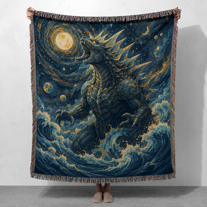Celestial Sea Titan woven blanket with original ocean monster artwork held in studio