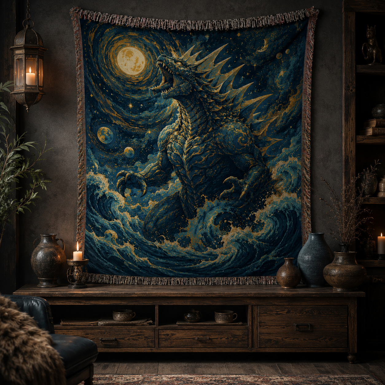 Celestial Sea Titan woven blanket displayed as dramatic wall decor above a rustic console