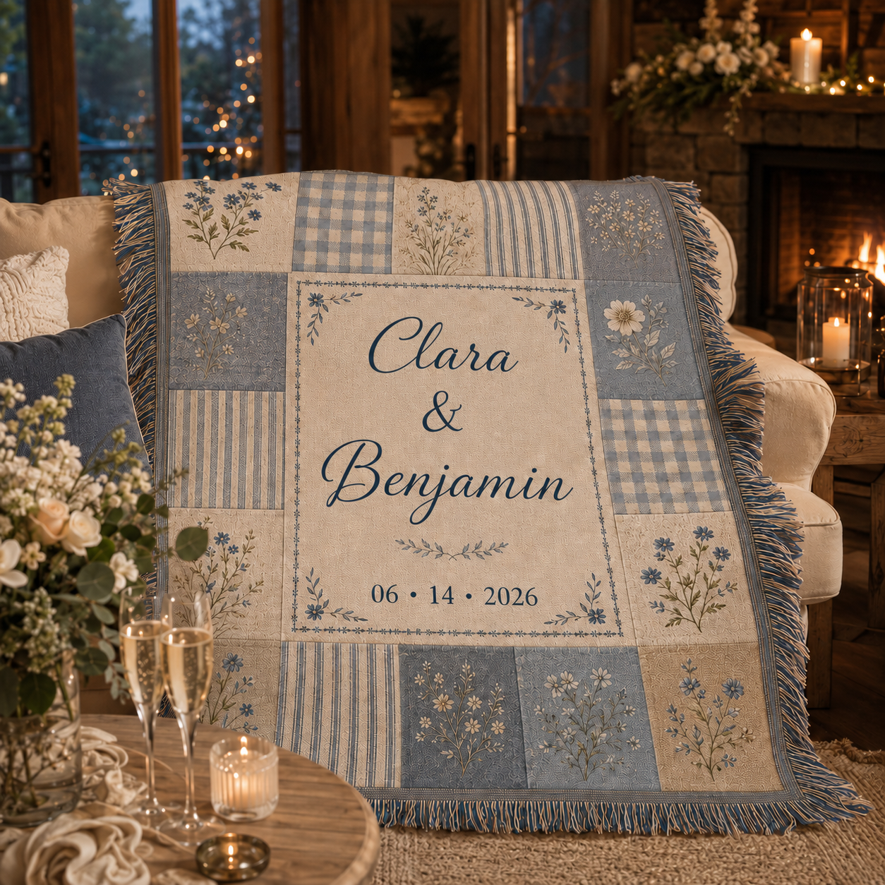 Personalized wedding woven blanket in a cozy newlywed living room