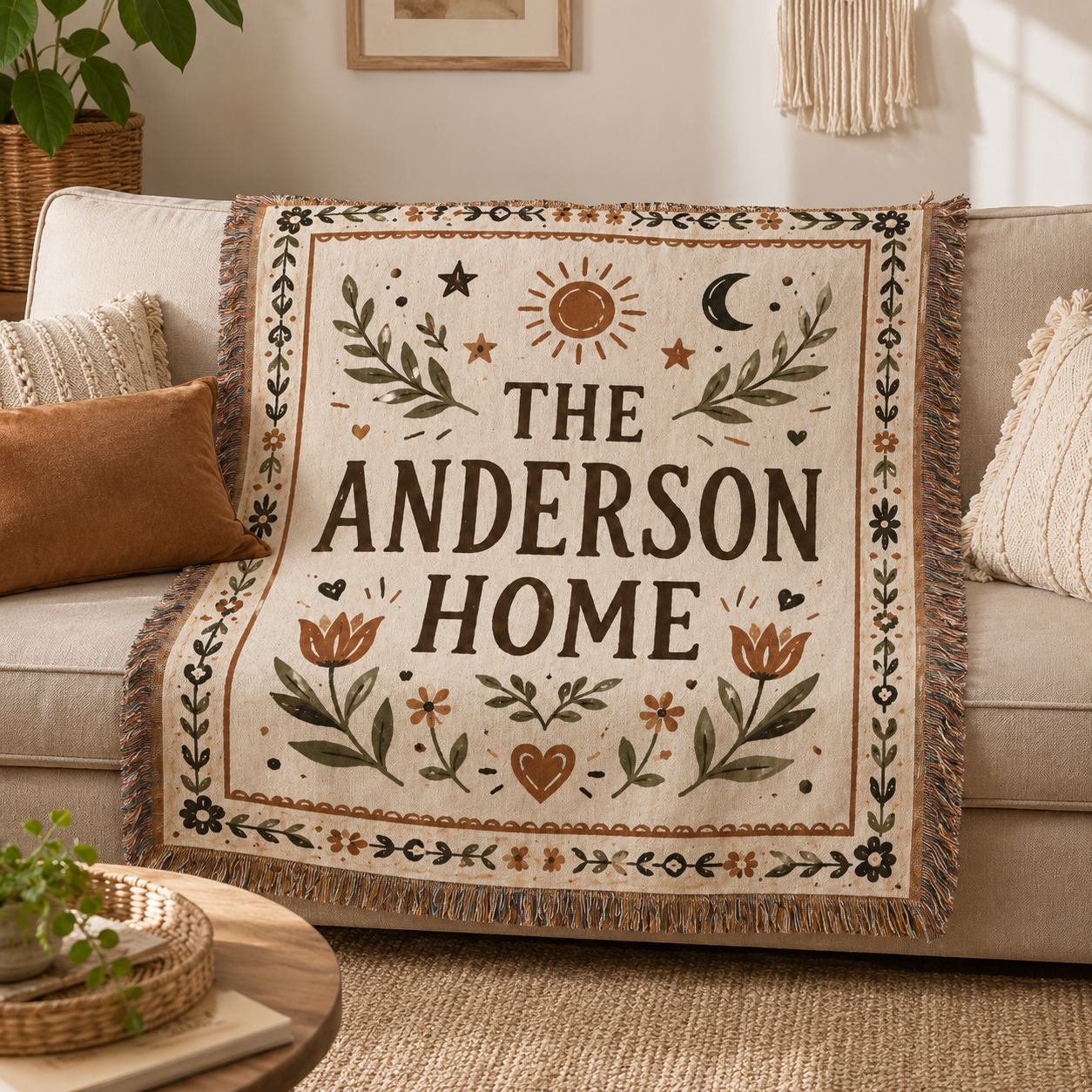 Custom family name woven blanket styled on a cozy sofa