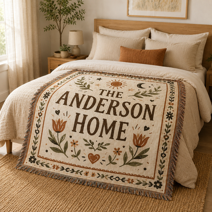 Custom family name woven blanket displayed on a neutral bedroom bed