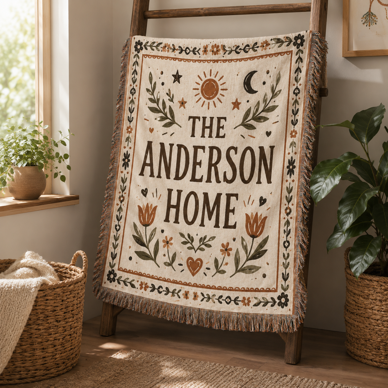 Custom family name woven blanket displayed on a ladder