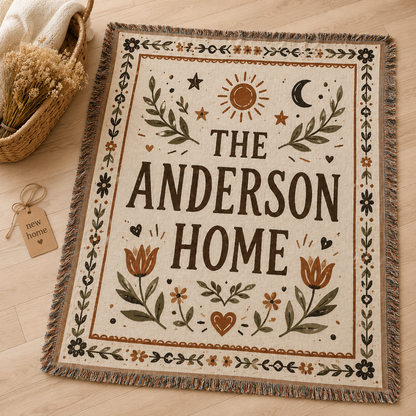 Custom family name woven blanket draped on a cozy chair
