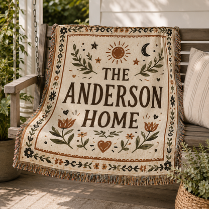 Custom family name woven blanket styled on a porch swing