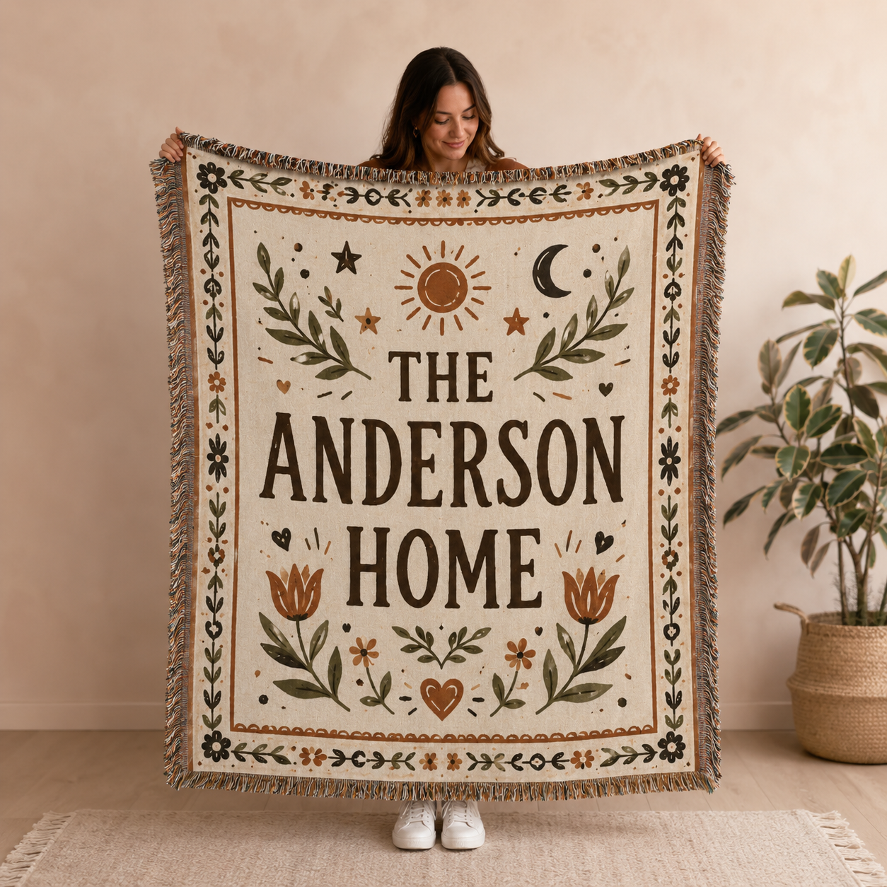 Custom family name woven blanket held for full design view