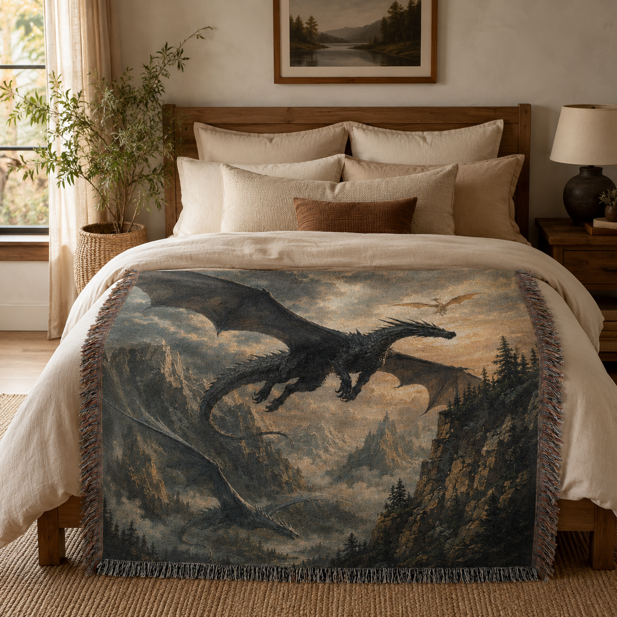 Dragon Flight fantasy woven blanket styled across the foot of a rustic modern bed