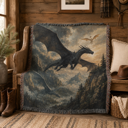 Dragon Flight fantasy woven blanket draped over a rustic cabin wooden bench