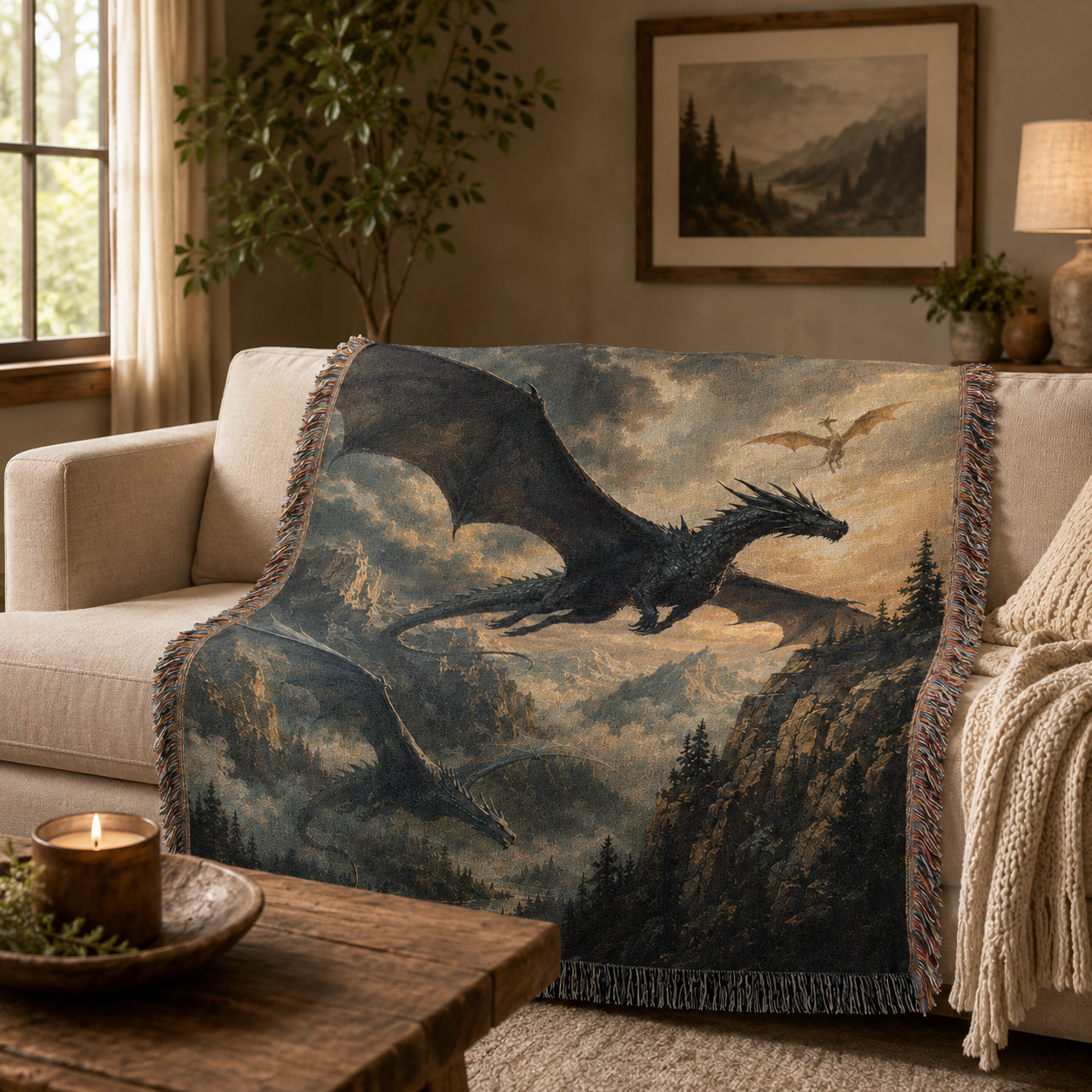 Dragon Flight fantasy woven blanket draped over a warm neutral sofa in a cozy living room