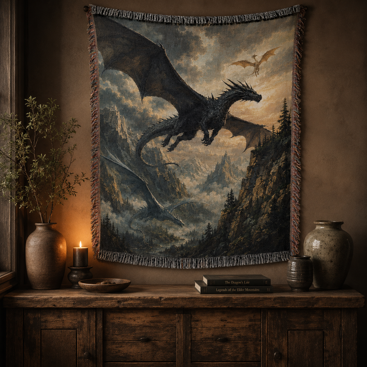 Dragon Flight fantasy woven blanket displayed as wall decor above a rustic wooden console
