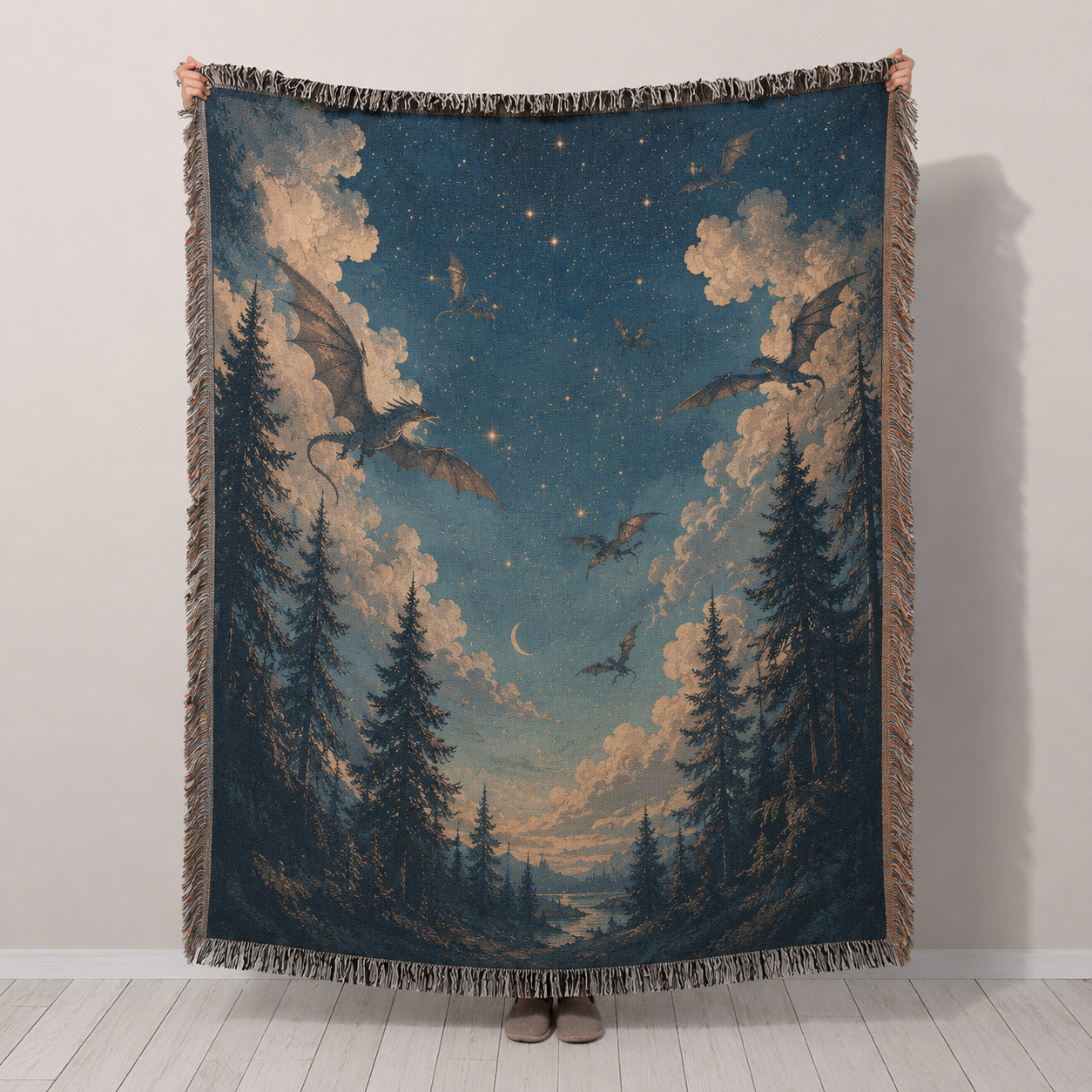 Dragon night sky woven blanket full design view