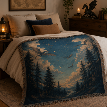 Dragon night sky woven blanket styled on a cozy bedroom bed