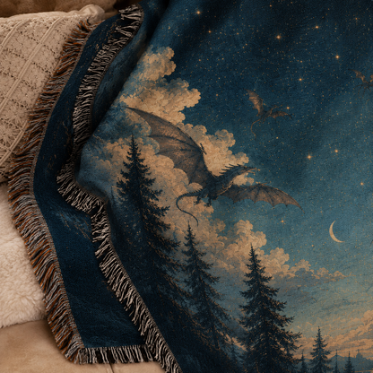 Dragon night sky woven blanket texture and fringe close-up