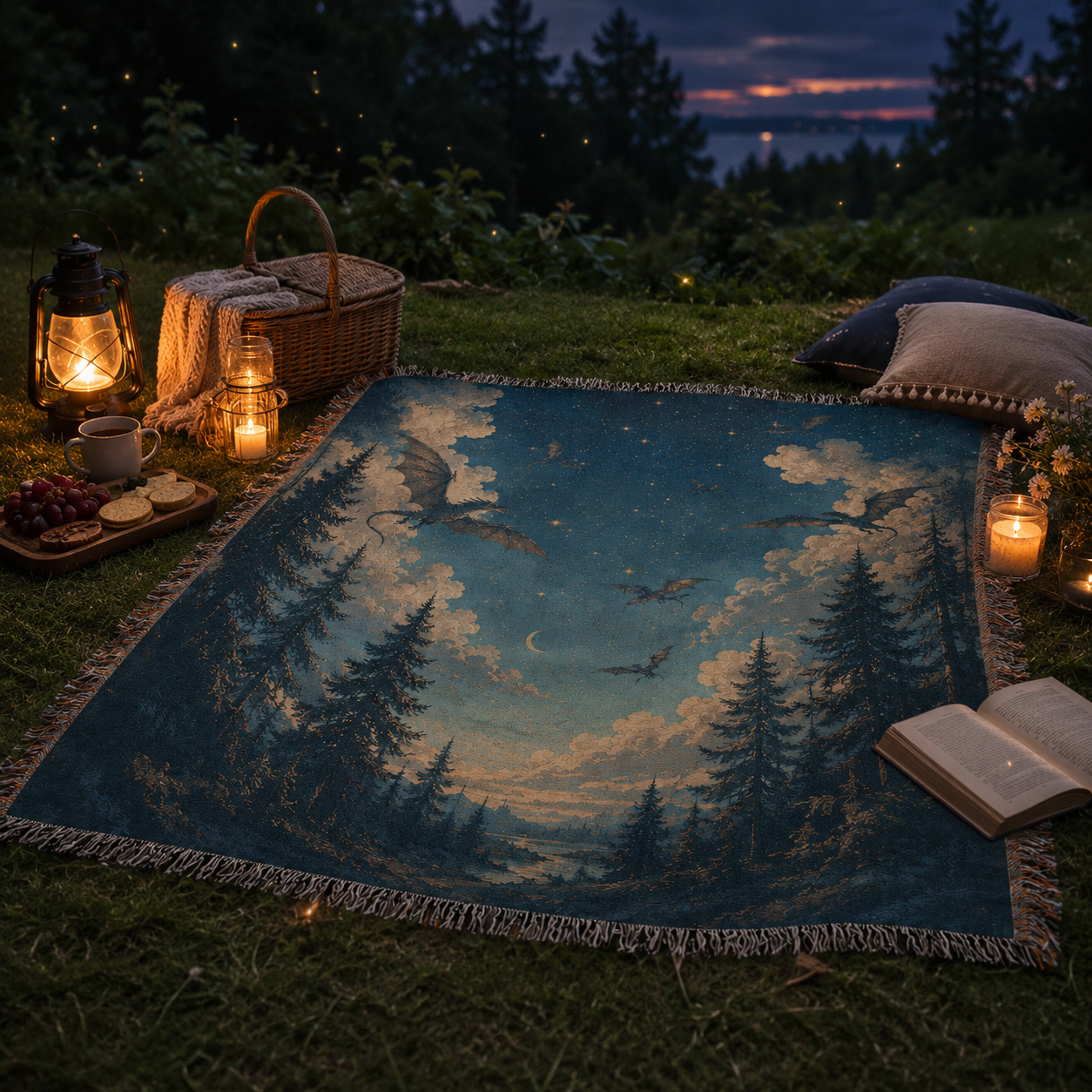 Dragon night sky woven blanket used for an outdoor evening picnic