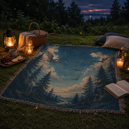 Dragon night sky woven blanket used for an outdoor evening picnic