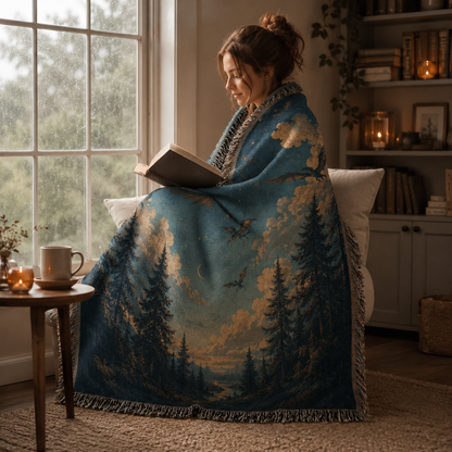 Dragon night sky woven blanket wrapped around a reader by a window