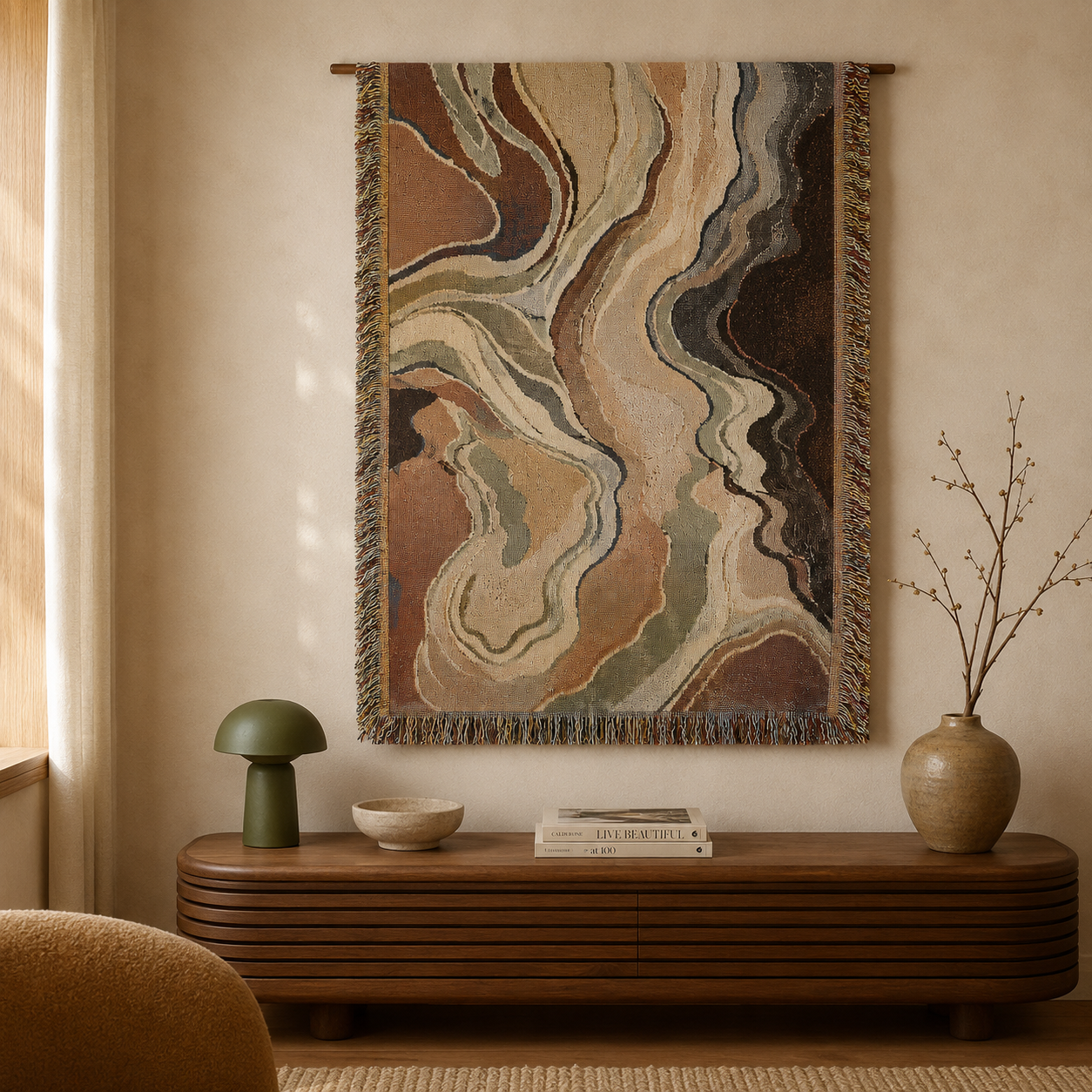 Earth tone abstract woven blanket displayed on a wall above a wooden console