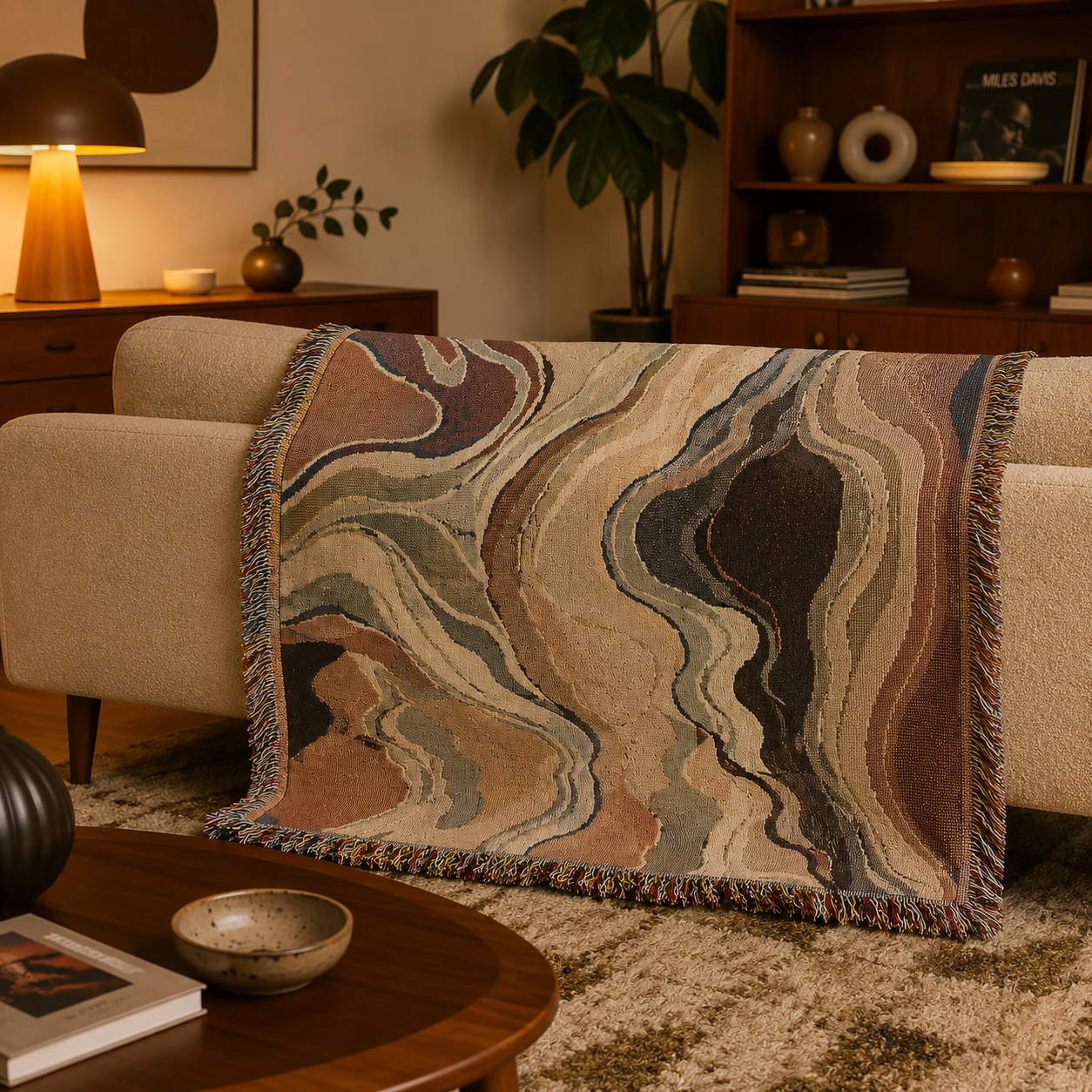 Abstract earth tone woven blanket draped over a sofa in a warm mid century living room
