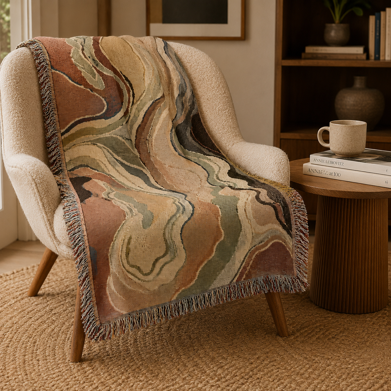 Abstract earth tone woven blanket draped over a cozy reading chair with books and a mug