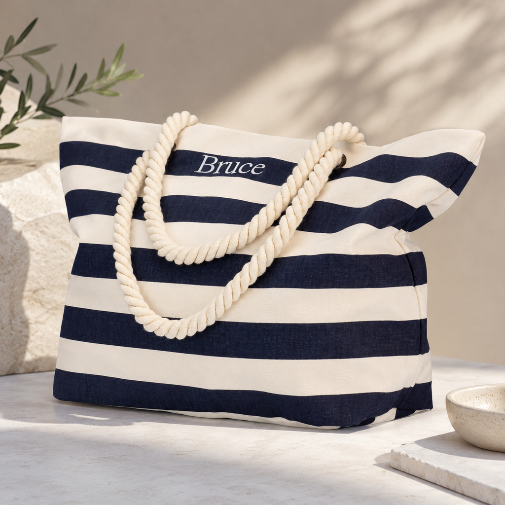 Navy and natural personalized embroidered beach bag studio product photo