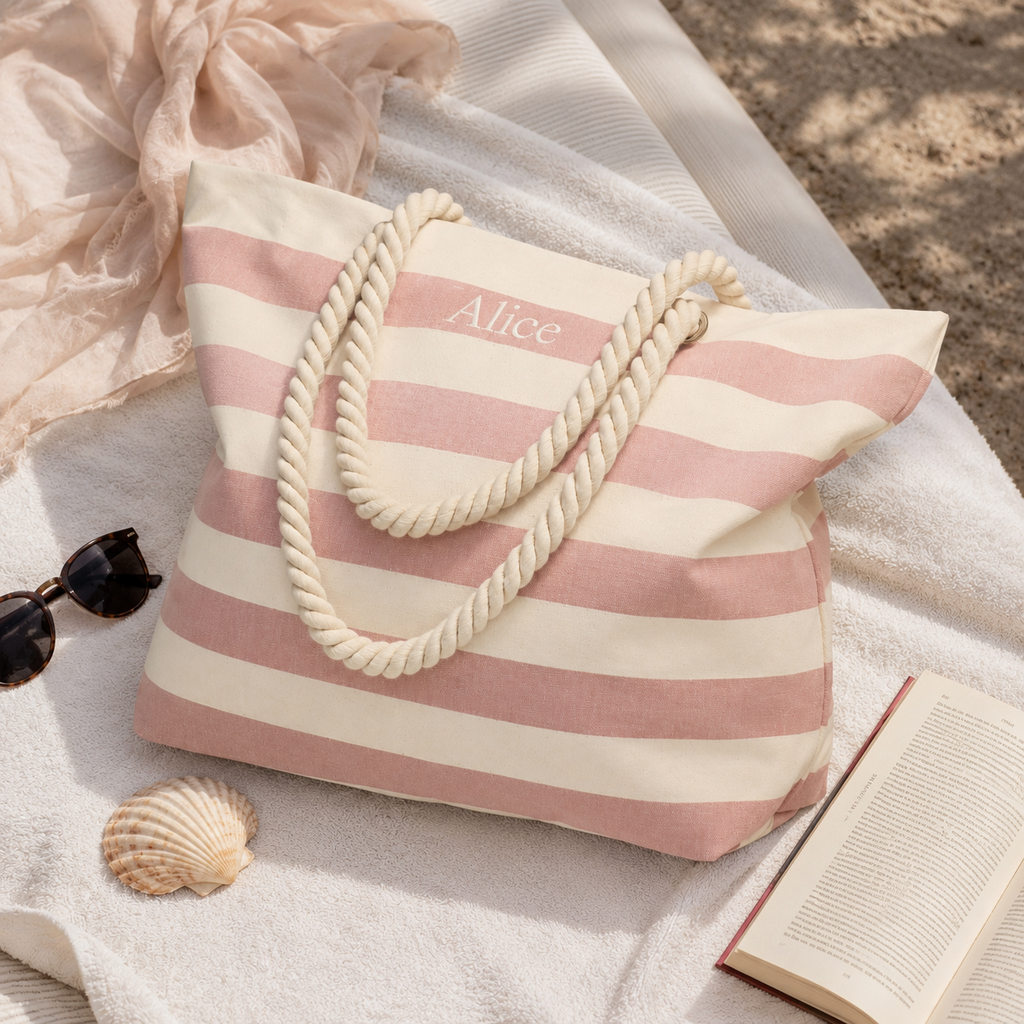 Pink and natural personalized embroidered canvas beach tote bag