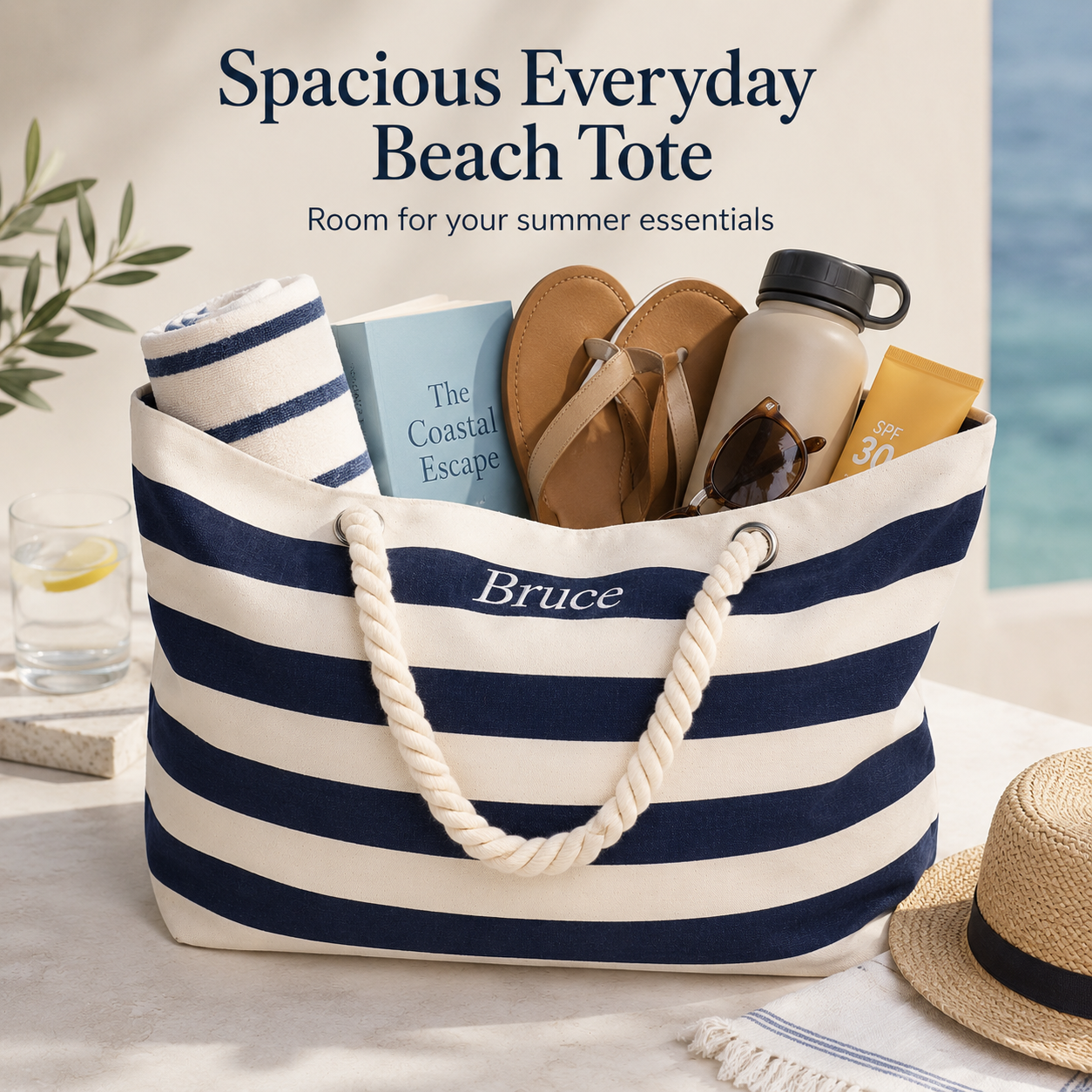 Spacious everyday personalized embroidered beach tote bag with summer essentials