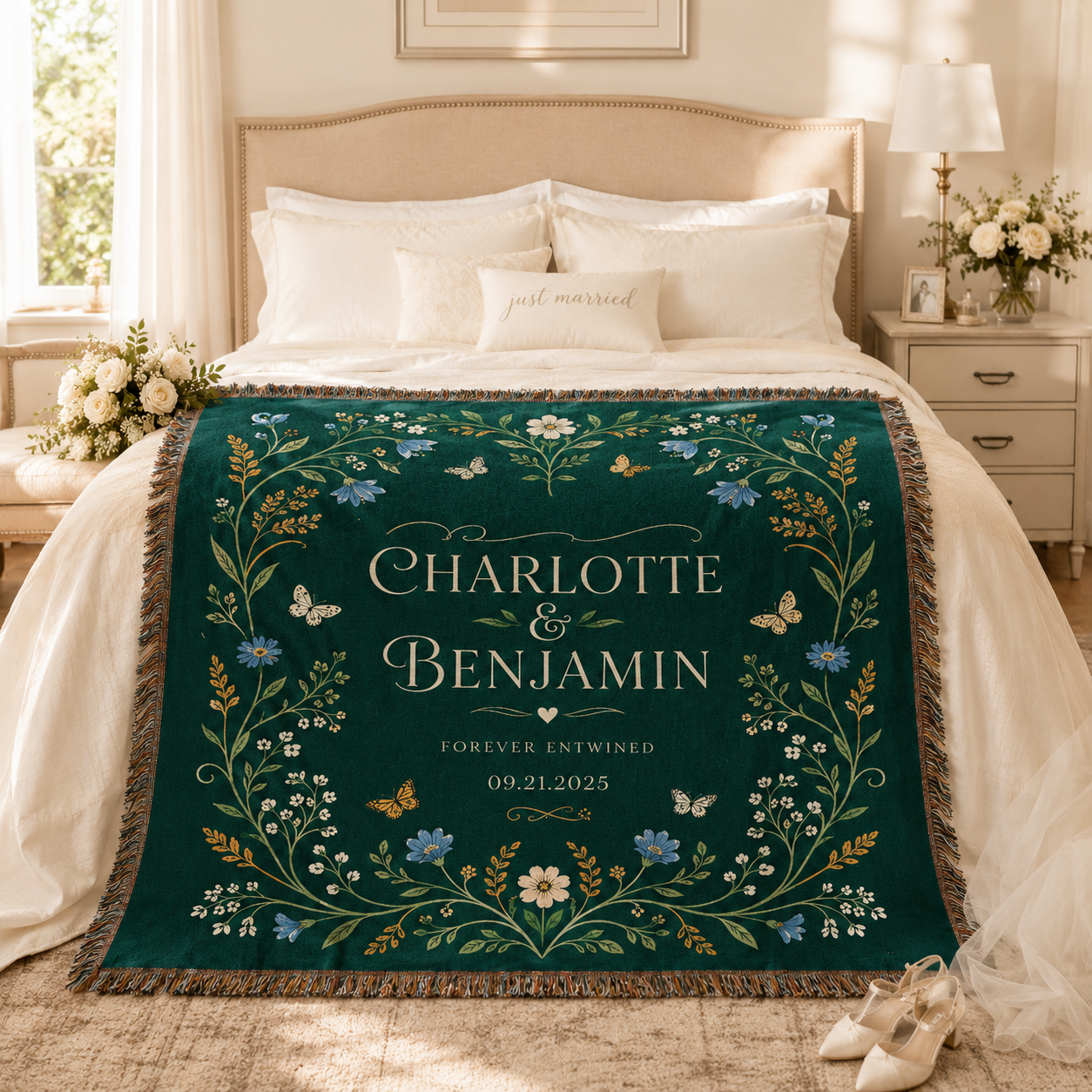 Personalized emerald wedding blanket styled in a romantic bedroom