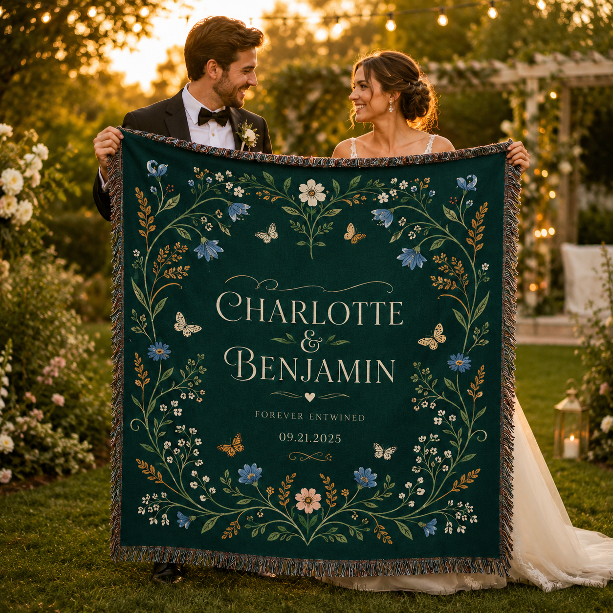 Newlywed couple holding a personalized emerald wedding blanket