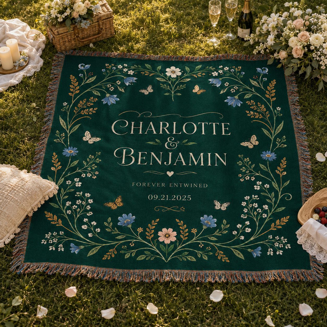 Personalized emerald wedding blanket in an outdoor wedding picnic scene