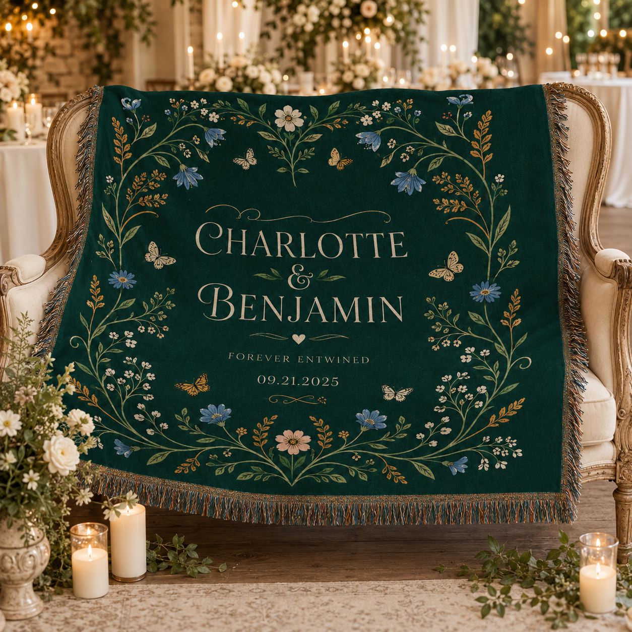 Personalized emerald wedding woven blanket at a romantic reception