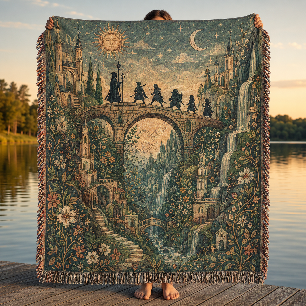 Enchanted fantasy woven tapestry blanket with travelers crossing a stone bridge, celestial sun and moon, towers, waterfalls and floral valley held by a lake
